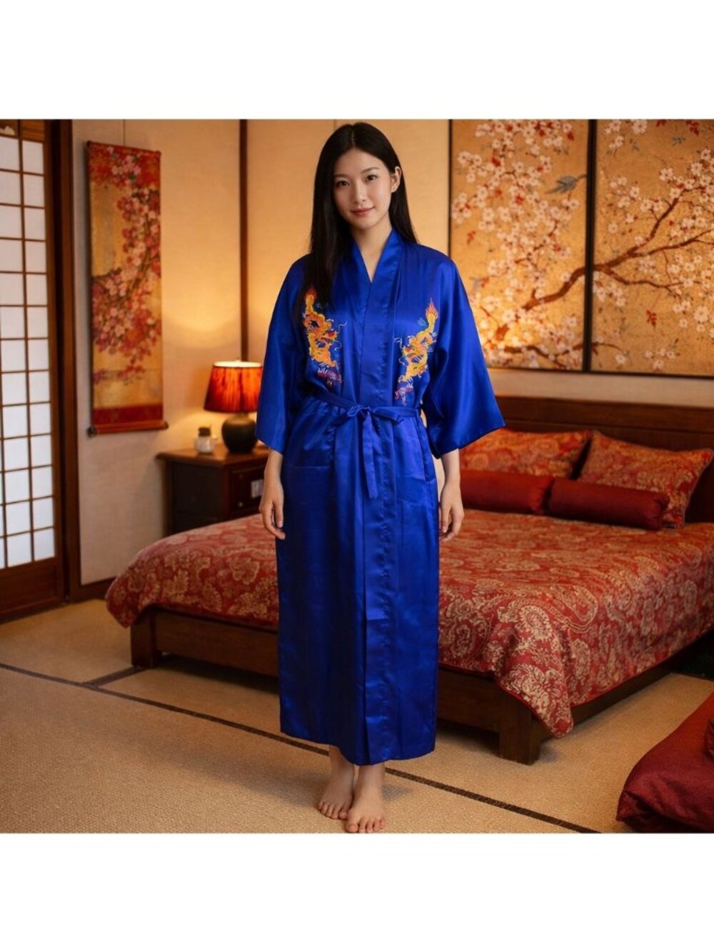 Golden Dragon Chinese Blue Satin Robe Size 2XL Orange & Yellow Dragon Embroidery